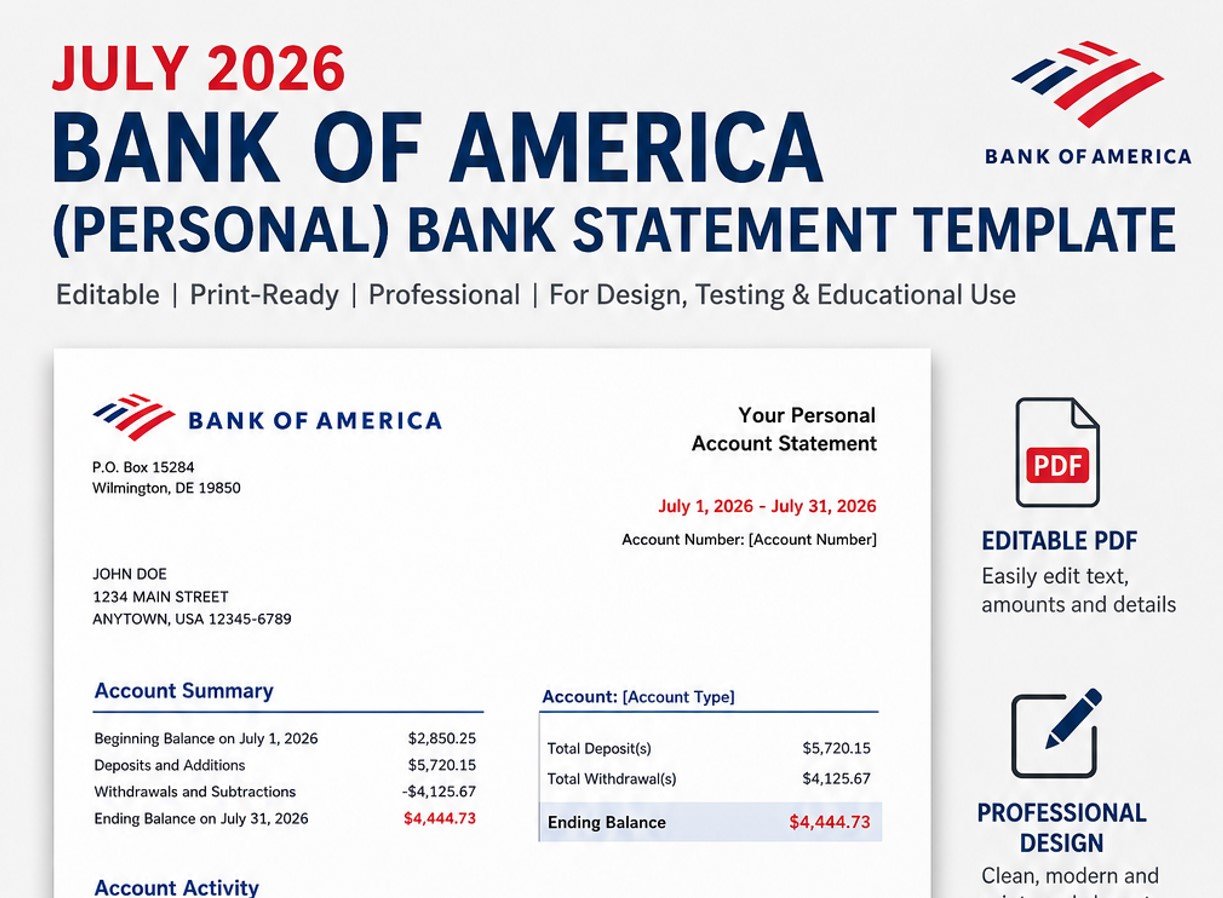 July 2026 Bank of America (Personal) Bank Statement Template