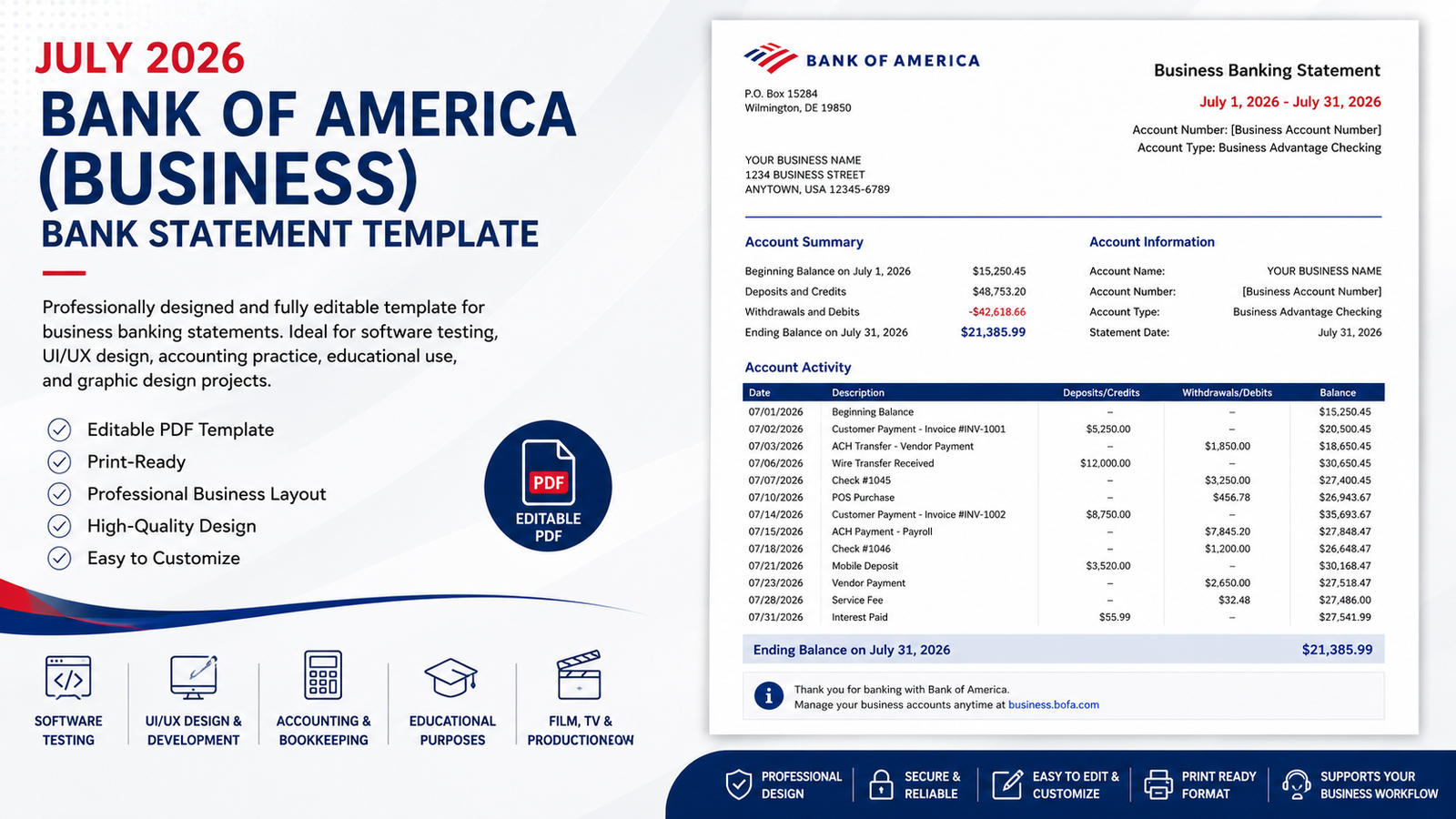 July 2026 Bank of America (Business) Bank Statement Template