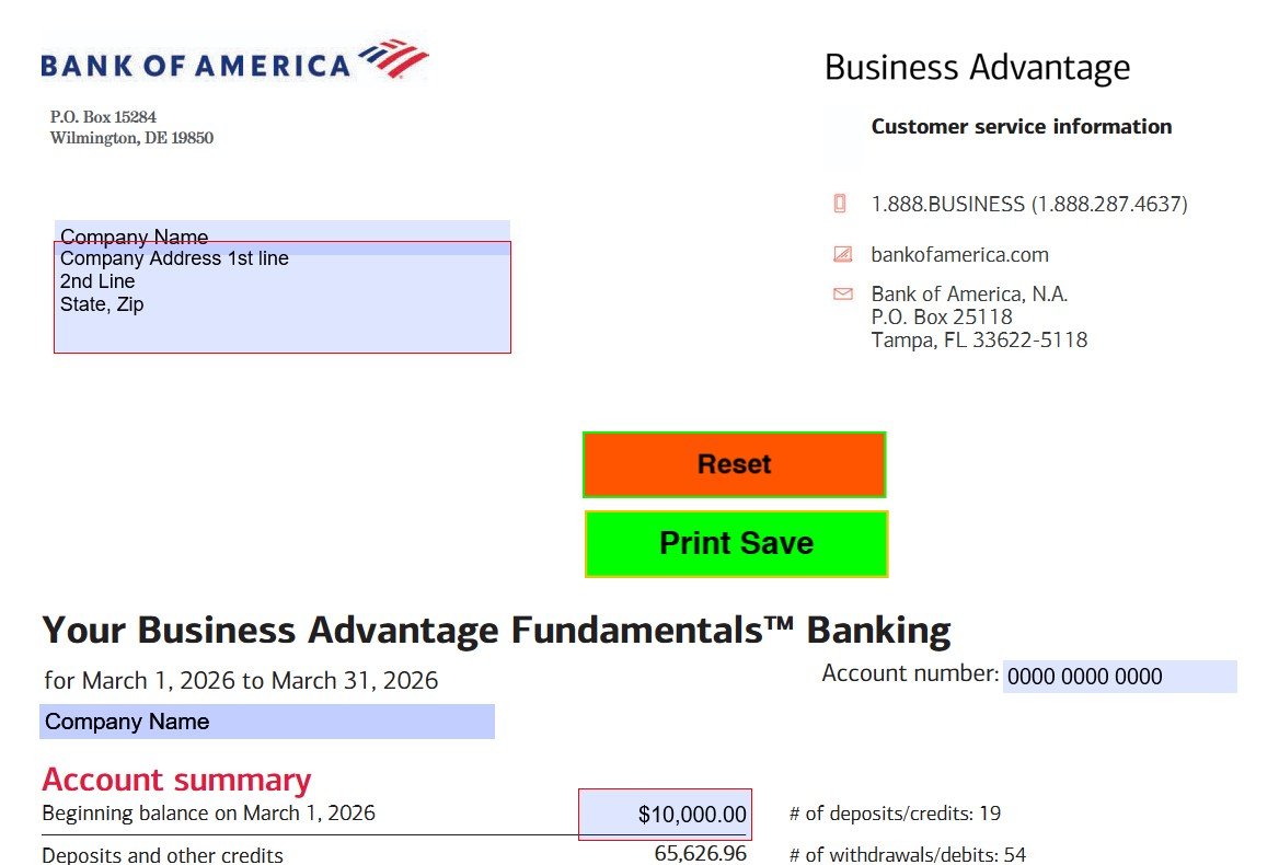 March 2026 Bank of America (Business) Bank Statement Template