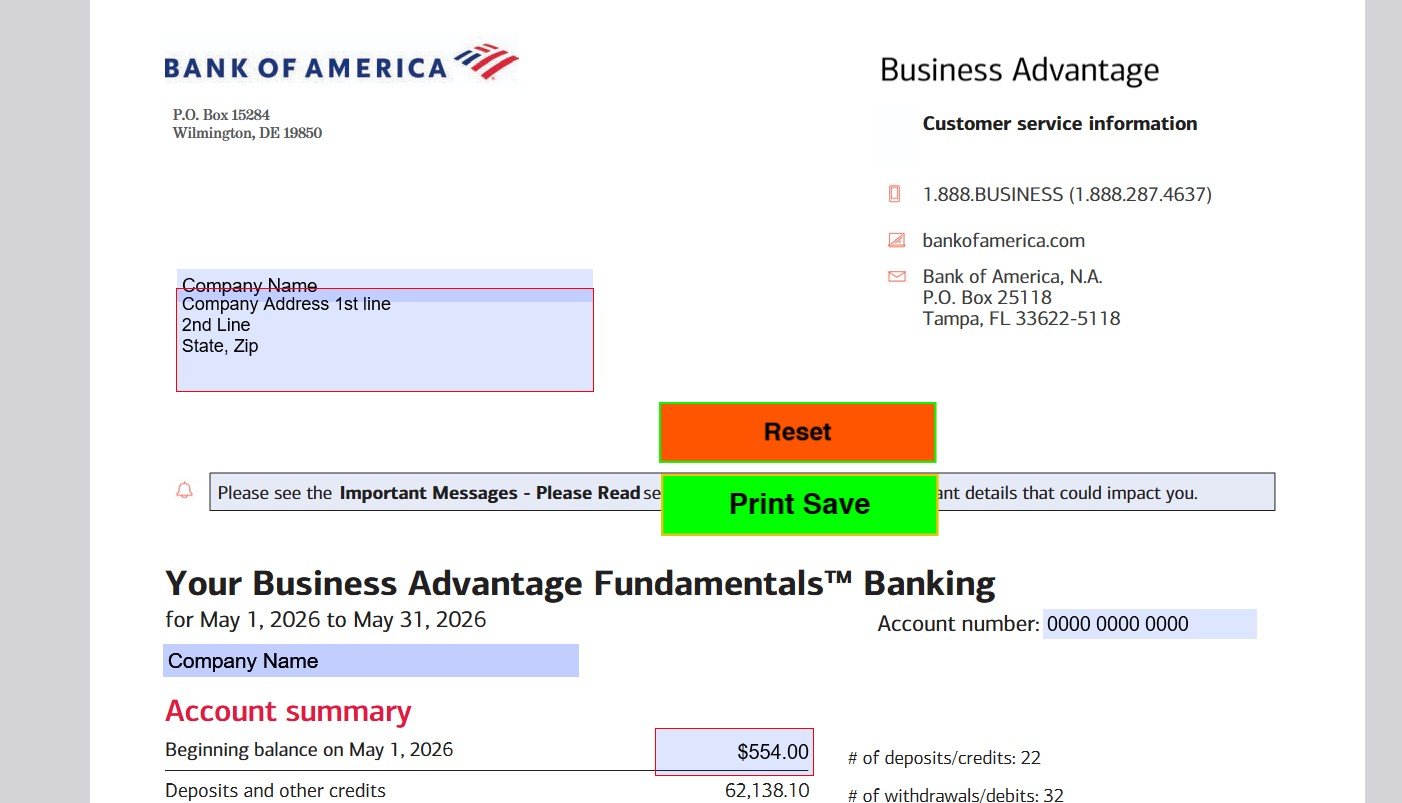 May 2026 Bank of America (Business) Bank Statement Template