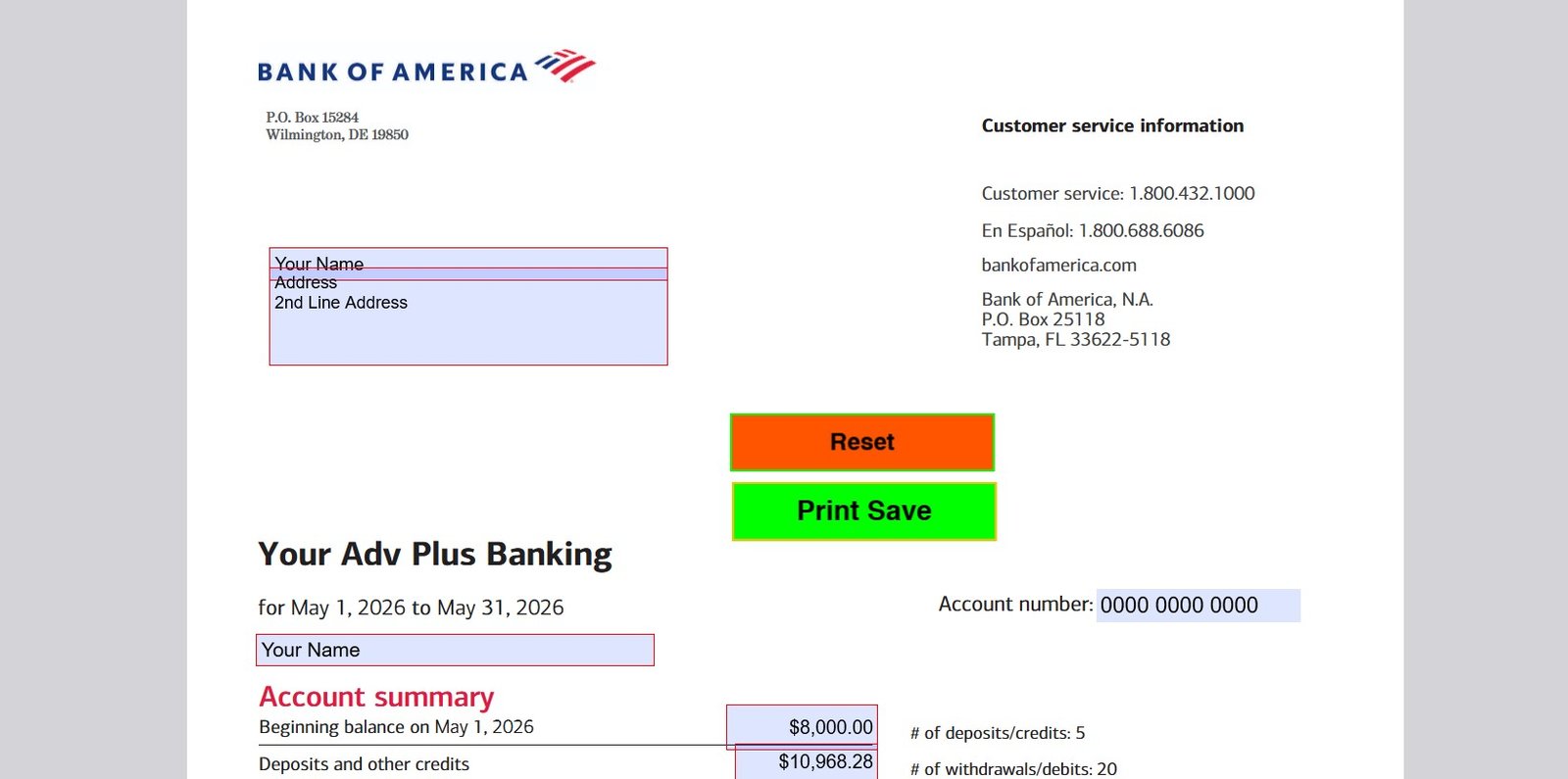 May 2026 Bank of America (Personal) Bank Statement Template