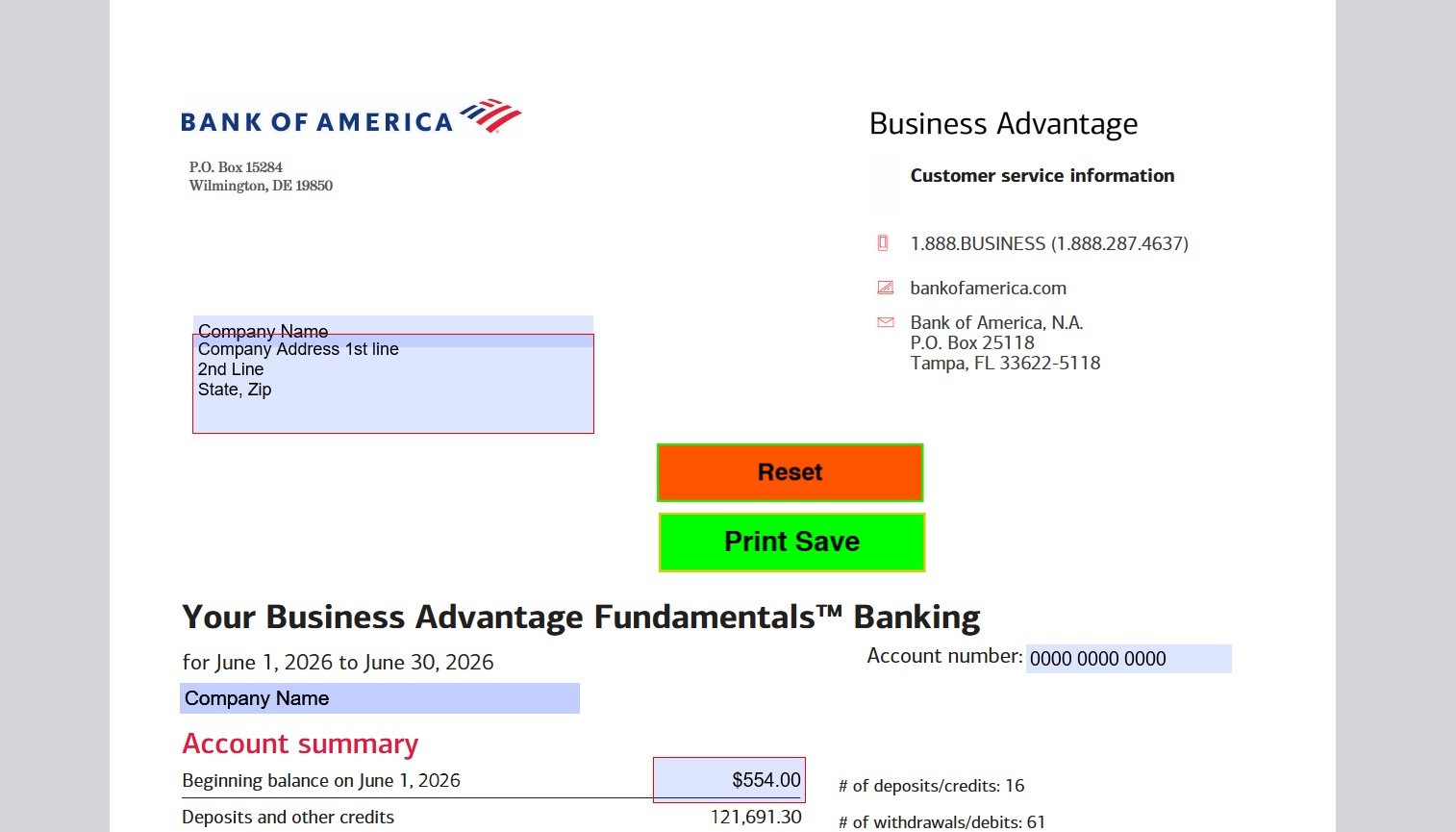 June 2026 Bank of America (Business) Bank Statement Template