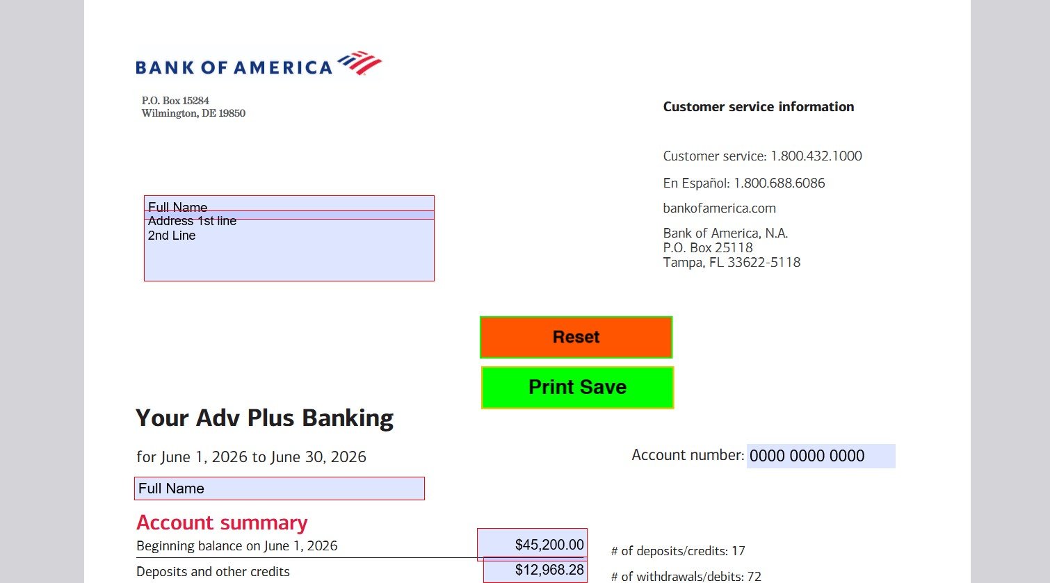 June 2026 Bank of America (Personal) Bank Statement Template