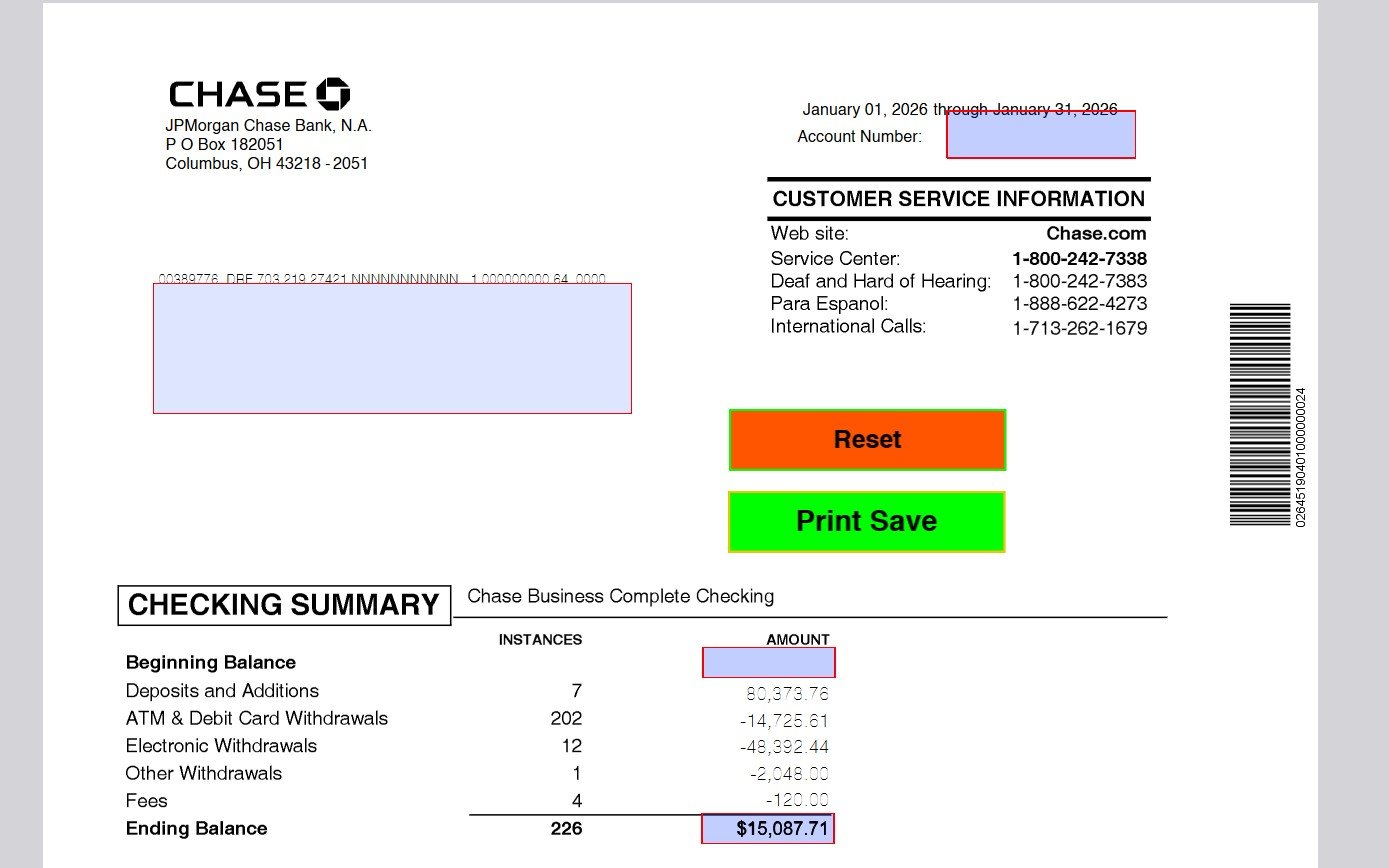 January 2026 Chase Bank Statement Template